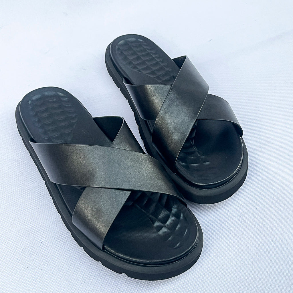 Meridian Quilted-Footbed Cross Leather Slide – Black