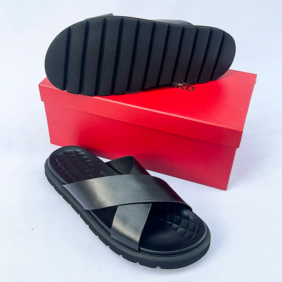 Meridian Quilted-Footbed Cross Leather Slide – Black