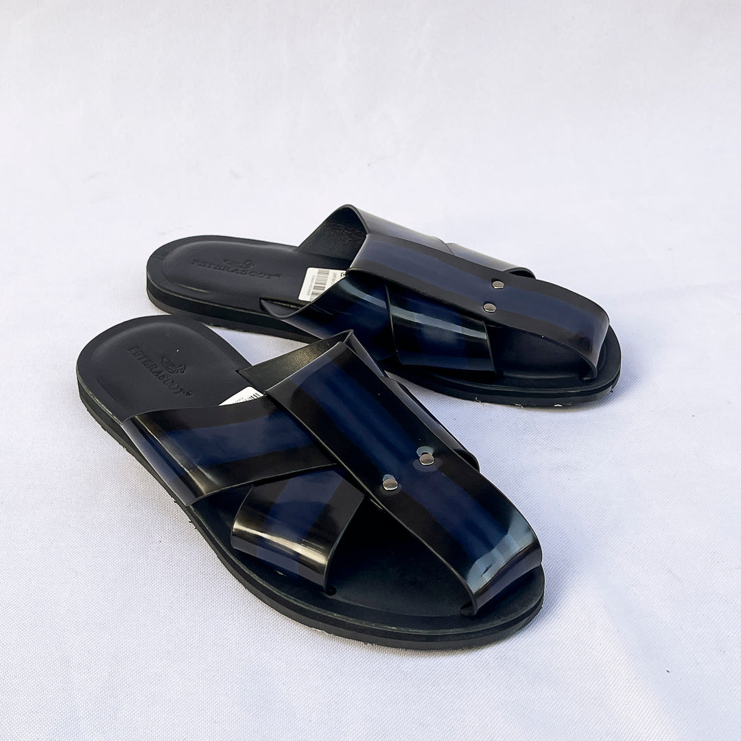 Sovereign Cross-Strap Leather Slide – Navy Blue