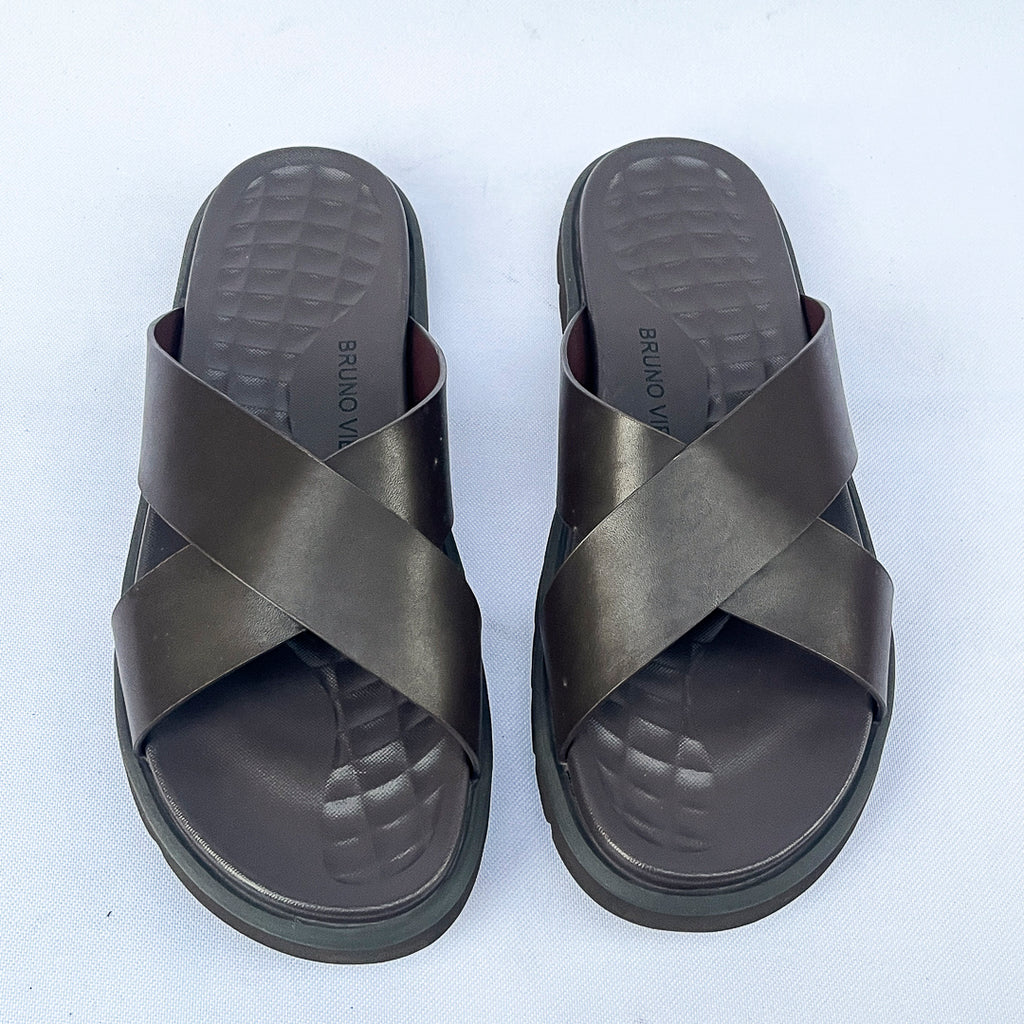 Meridian Quilted-Footbed Cross Leather Slide – Dark Brown