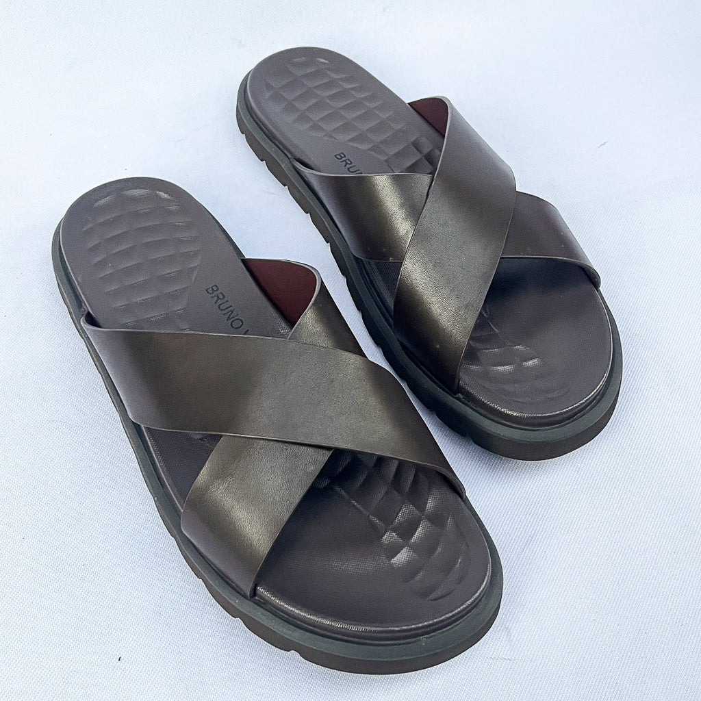 Meridian Quilted-Footbed Cross Leather Slide – Dark Brown