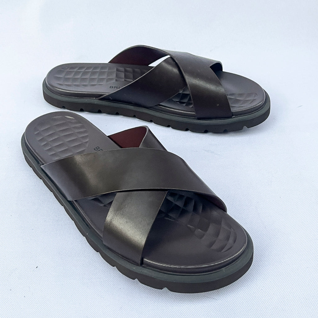 Meridian Quilted-Footbed Cross Leather Slide – Dark Brown