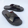 Meridian Quilted-Footbed Cross Leather Slide – Dark Brown