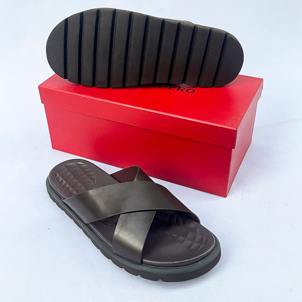 Meridian Quilted-Footbed Cross Leather Slide – Dark Brown