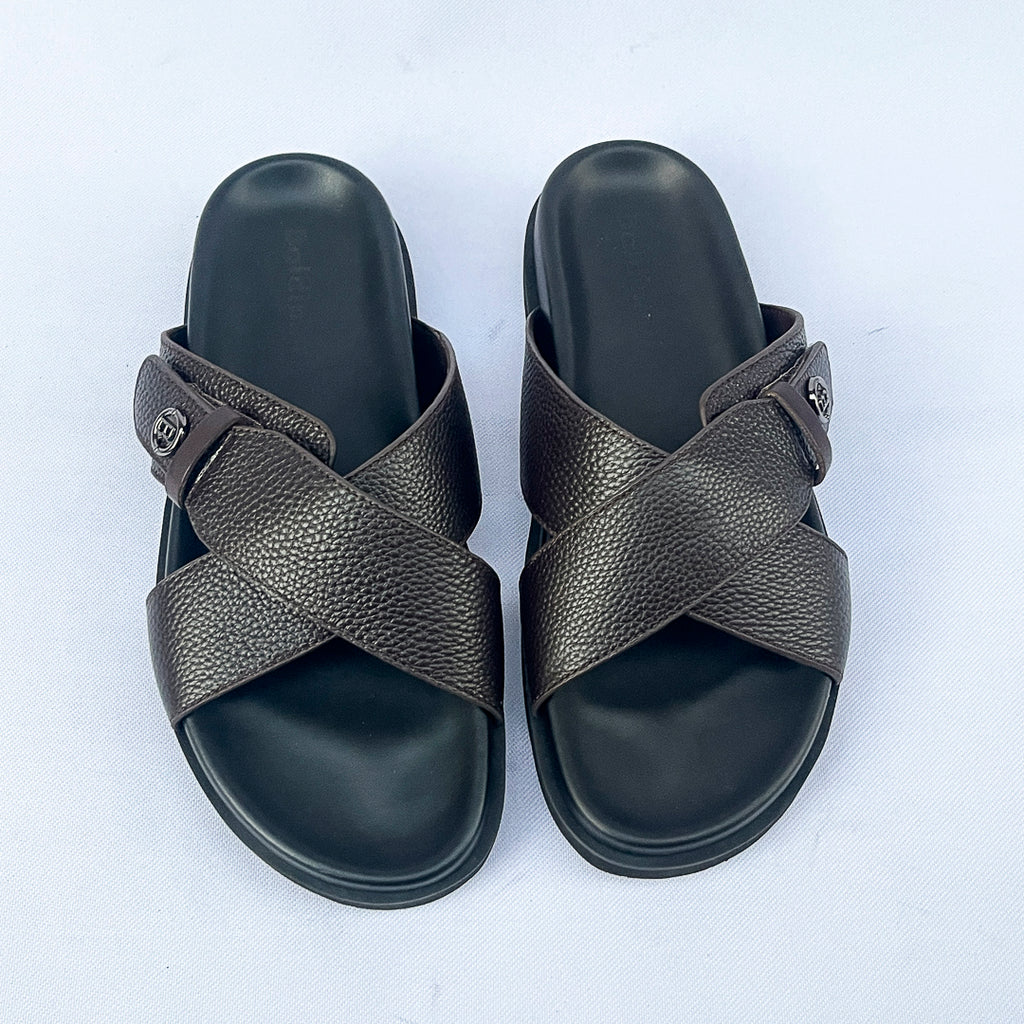 Prestige Grain Leather Cross Slide – Dark Brown