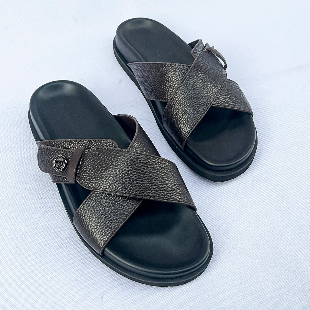 Prestige Grain Leather Cross Slide – Dark Brown