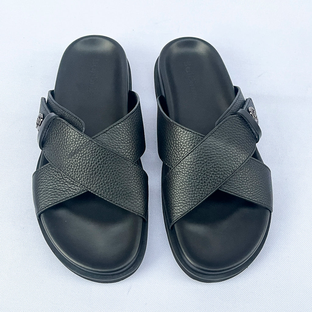 Prestige Grain Leather Cross Slide – Black