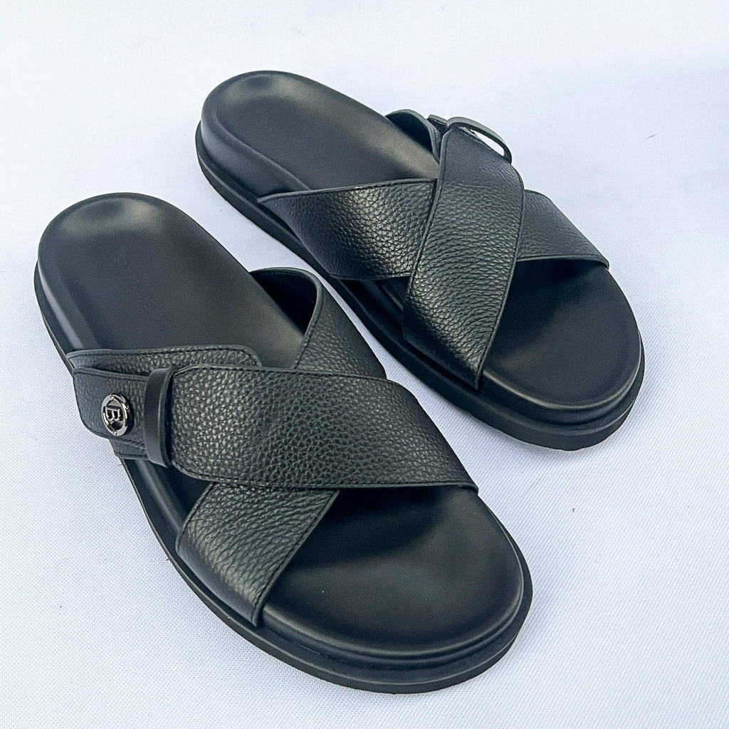 Prestige Grain Leather Cross Slide – Black
