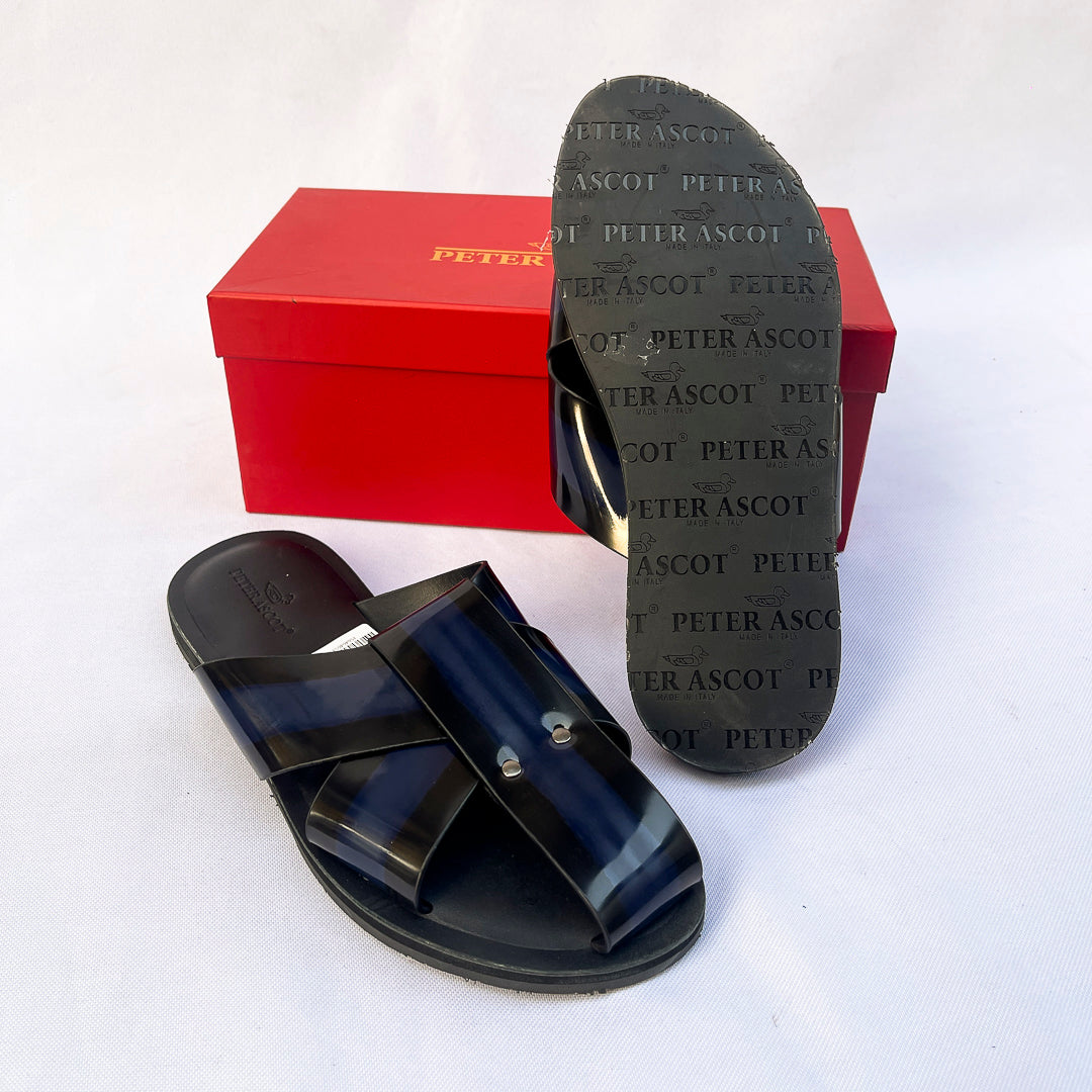 Sovereign Cross-Strap Leather Slide – Navy Blue