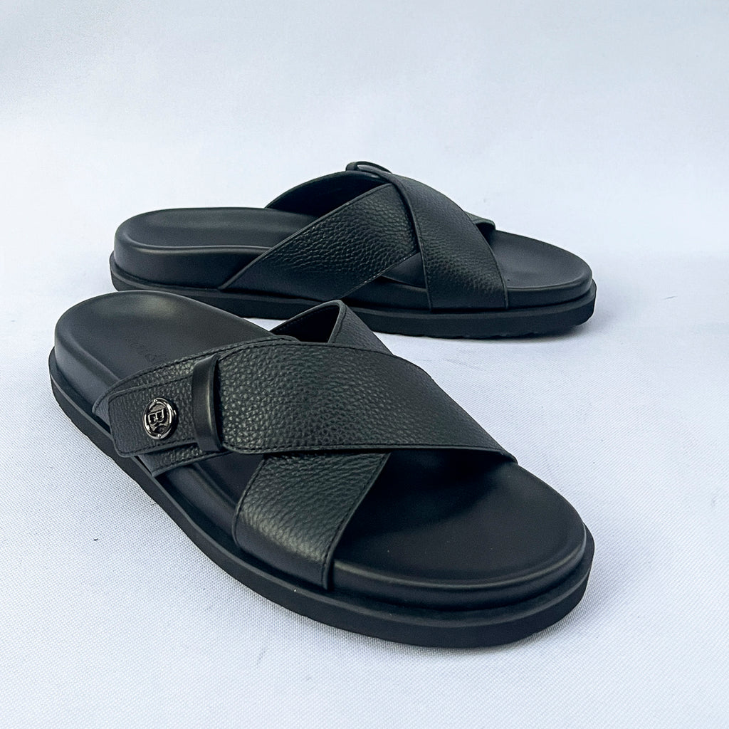 Prestige Grain Leather Cross Slide – Black