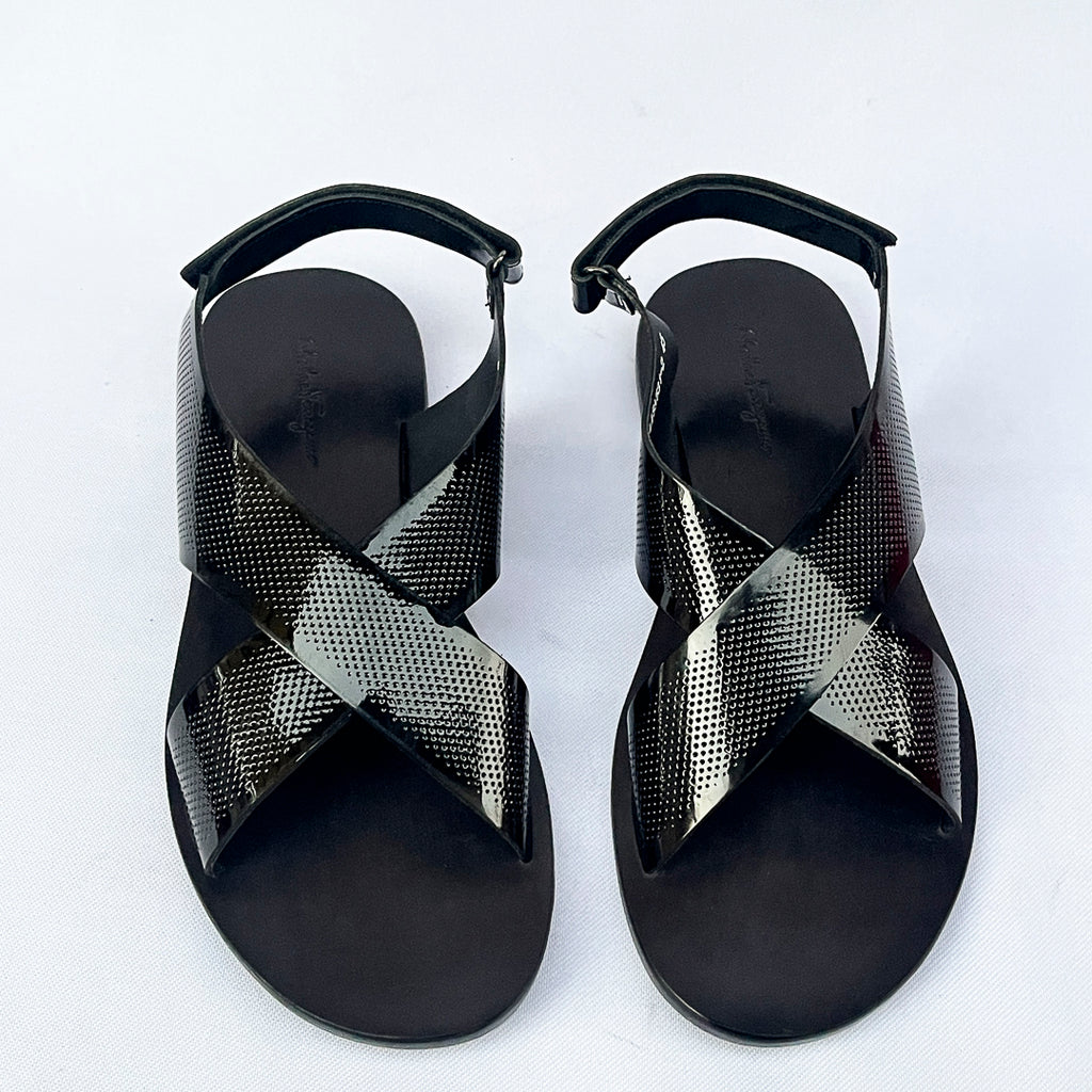 Aurelio Perforated Patent Cross Sandal – Black