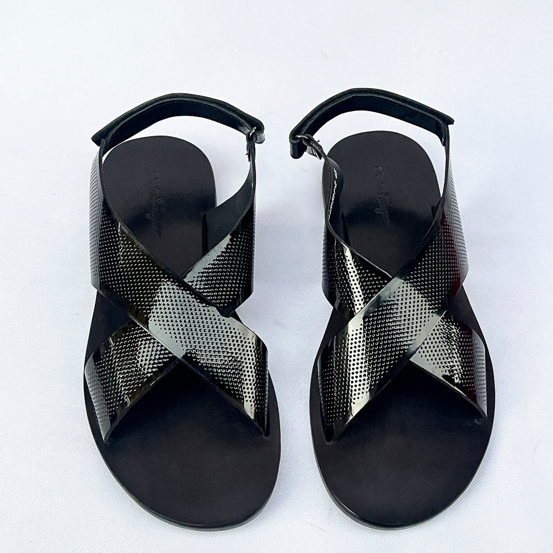 Aurelio Perforated Patent Cross Sandal – Black