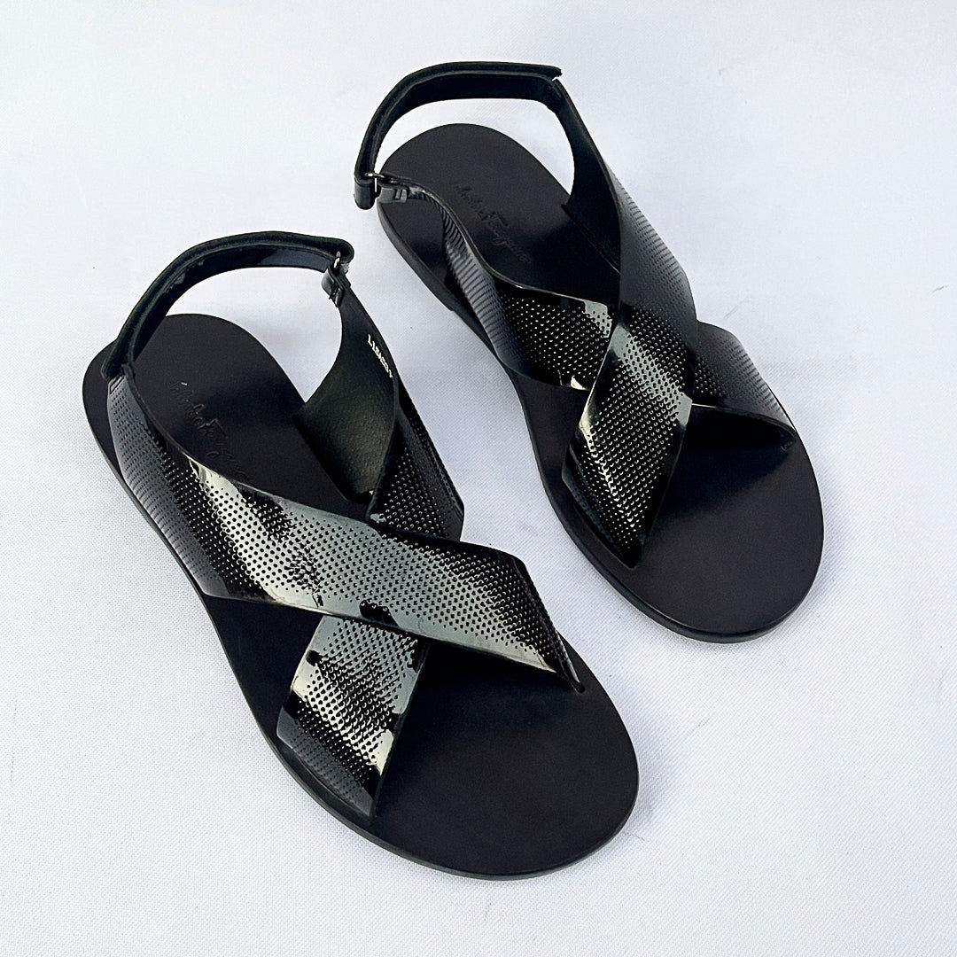 Aurelio Perforated Patent Cross Sandal – Black