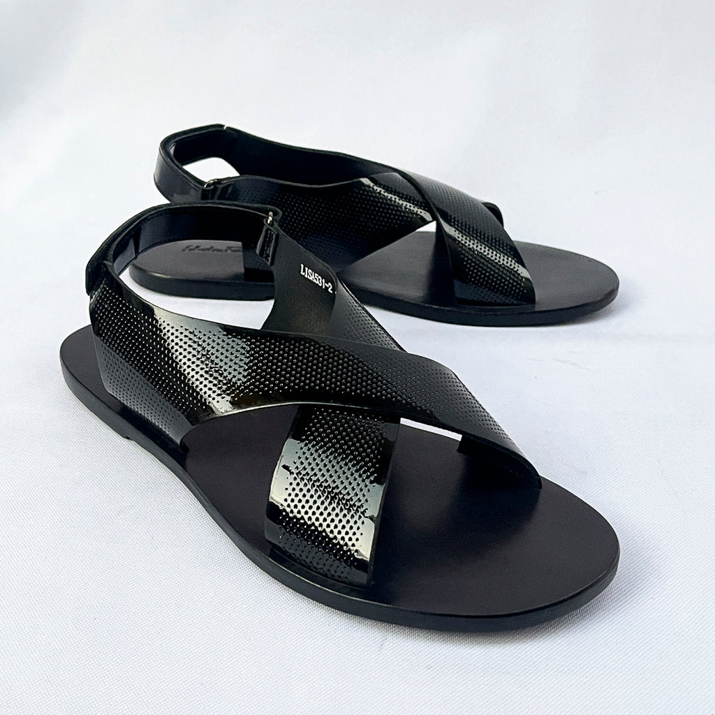 Aurelio Perforated Patent Cross Sandal – Black