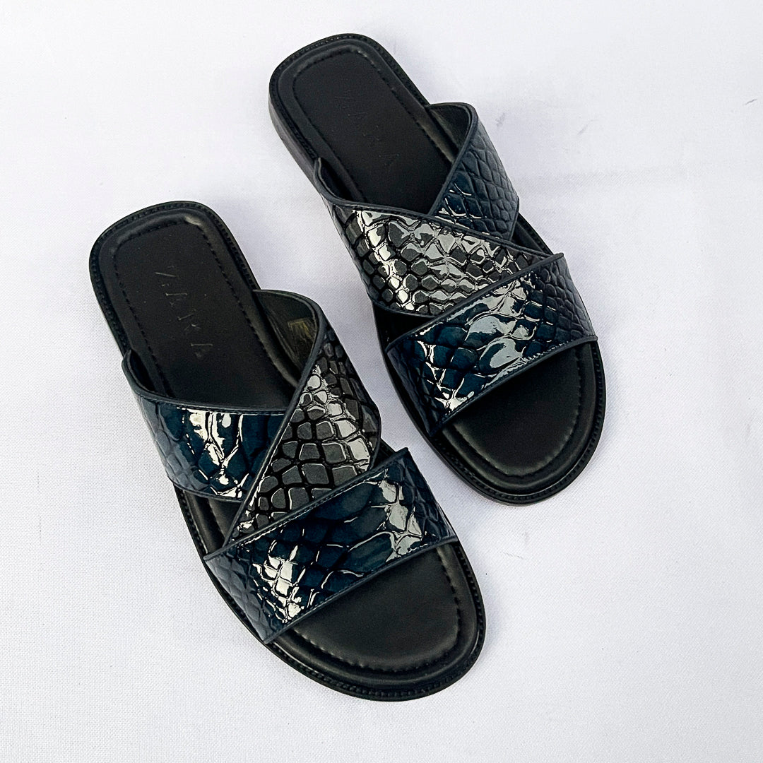 Cairo Croc-Print Cross Leather Slide – Black