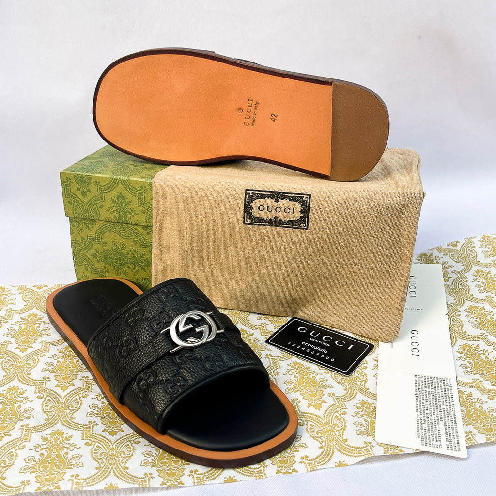 Embossed Single-Strap Slides - Black