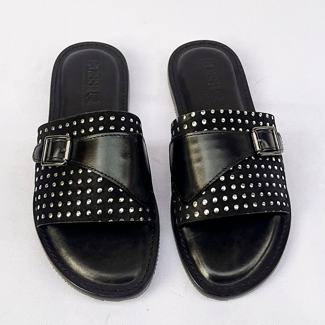 Stellar Studded Monk-Strap Leather Slide – Black