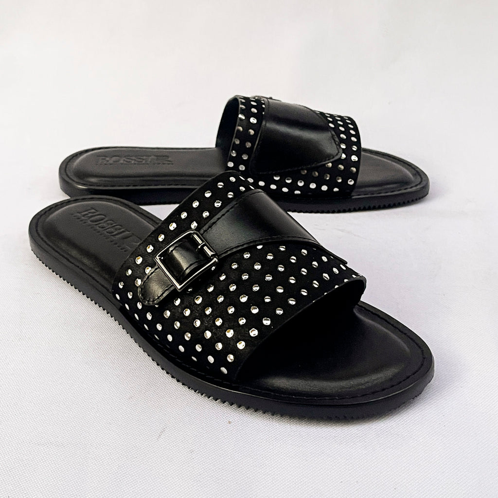 Stellar Studded Monk-Strap Leather Slide – Black
