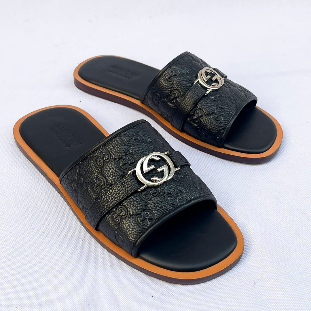 Embossed Single-Strap Slides - Black
