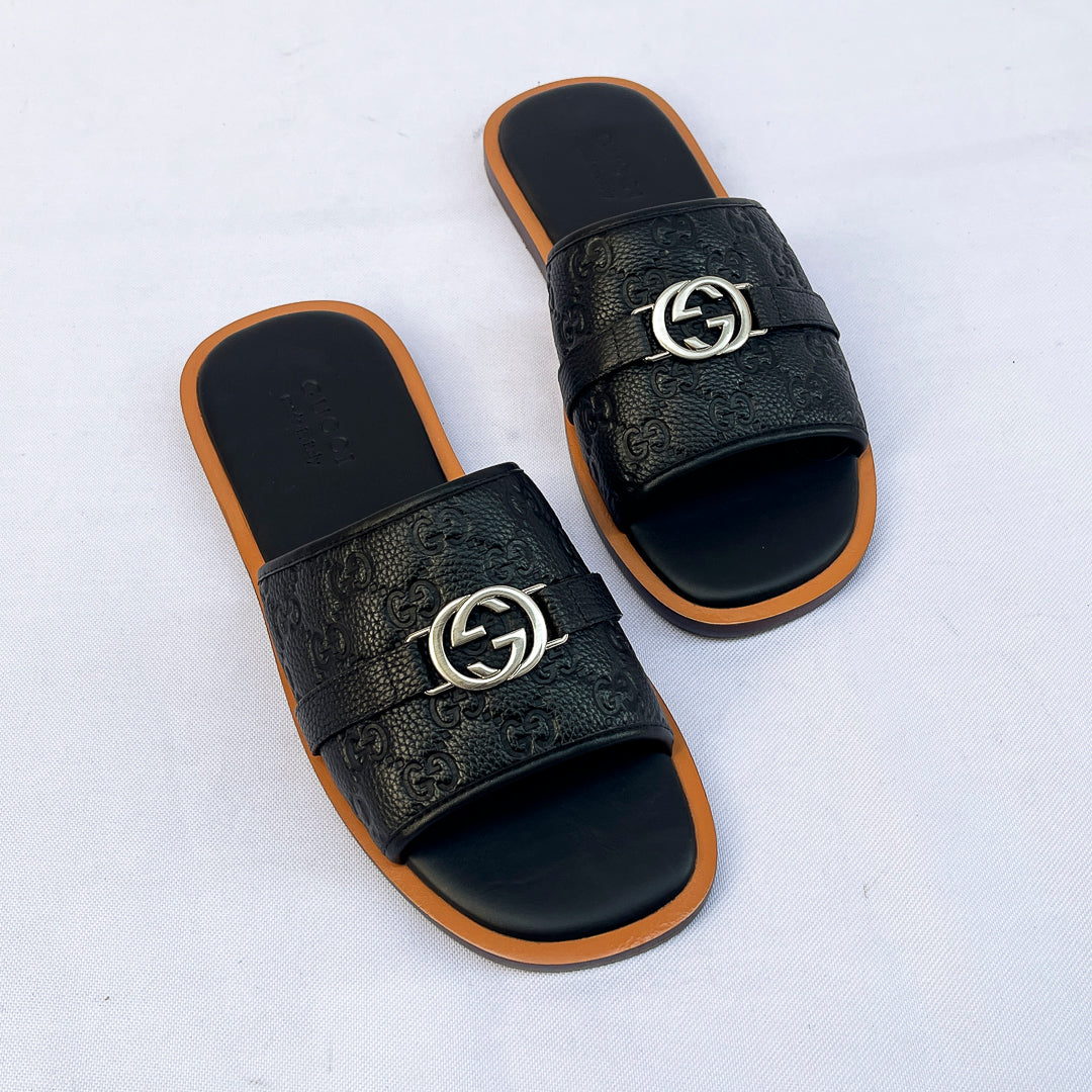 Embossed Single-Strap Slides - Black