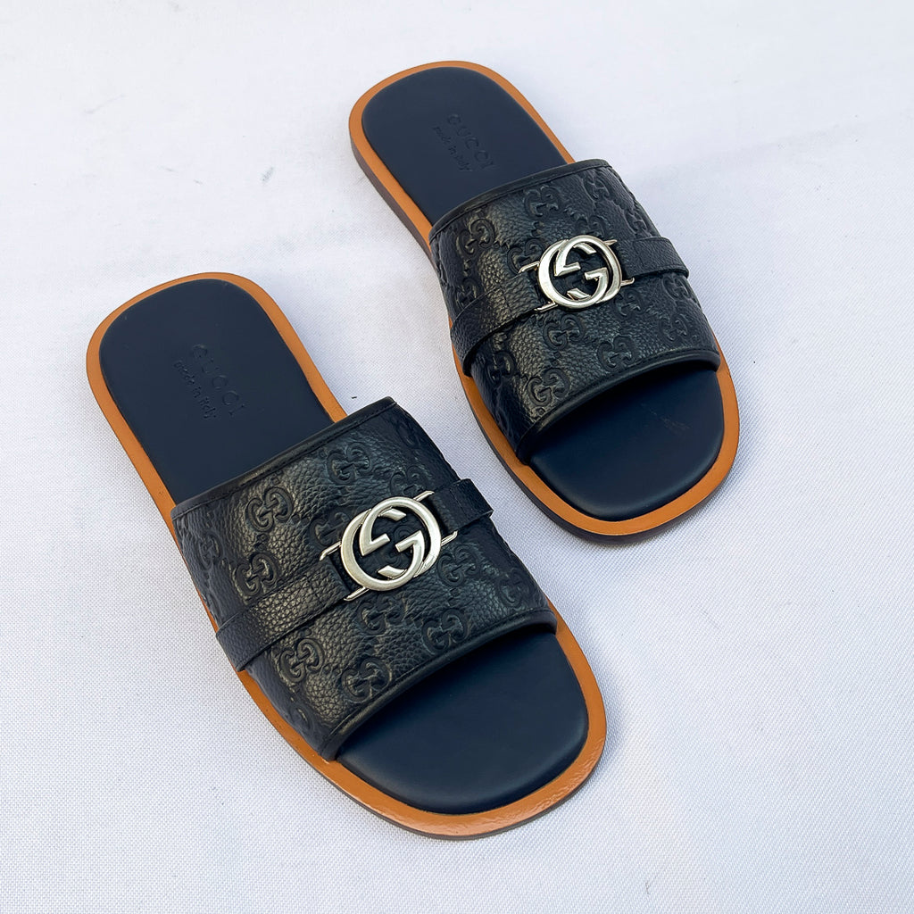 Embossed Single-Strap Slides - Blue
