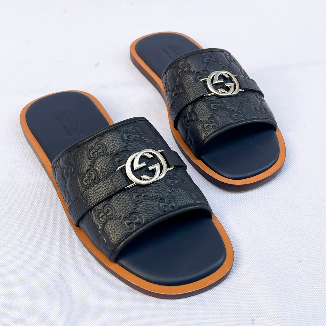 Embossed Single-Strap Slides - Blue