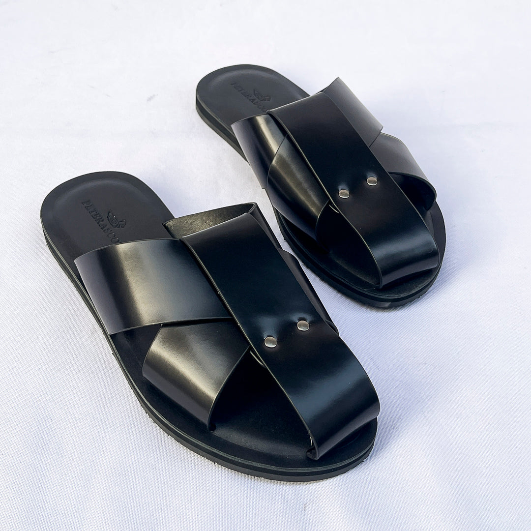 Sovereign Cross-Strap Leather Slide – Black