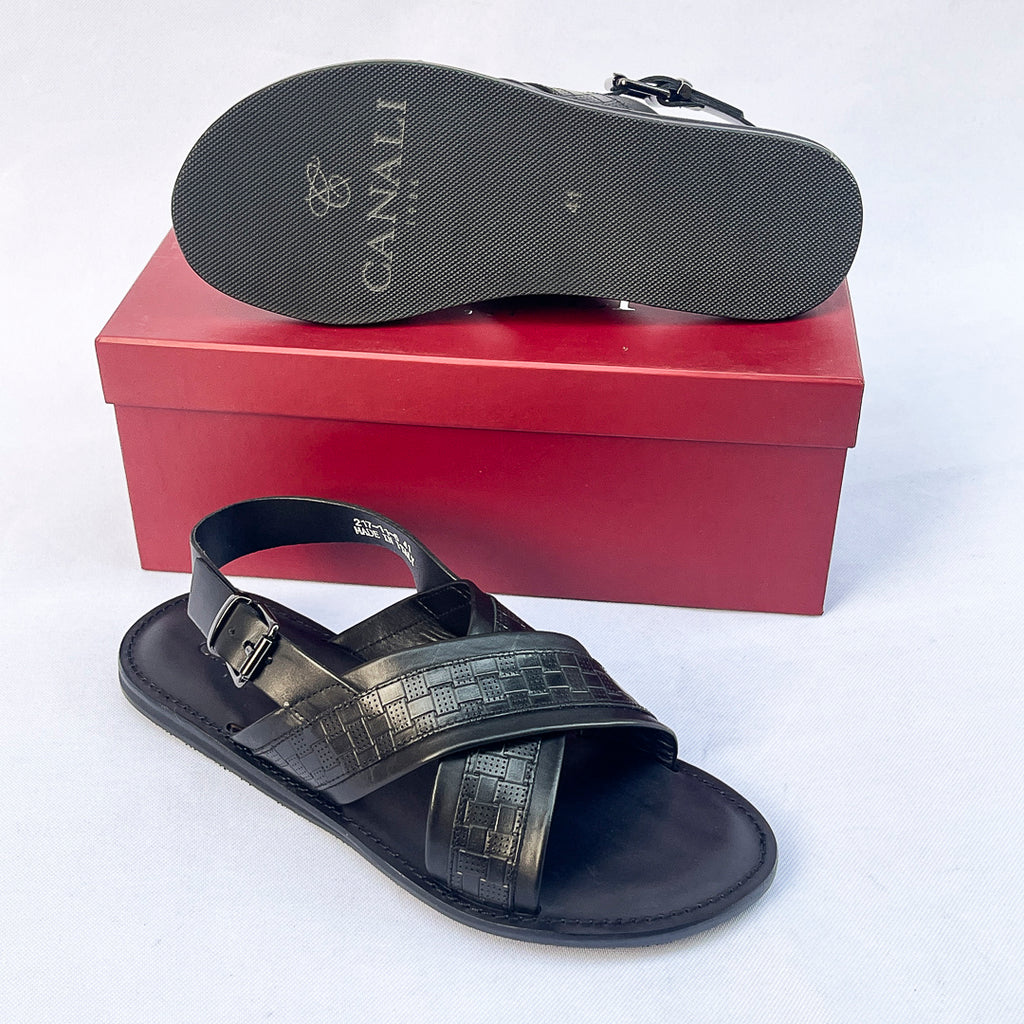 Riviera Woven-Print Cross Sandal – Black