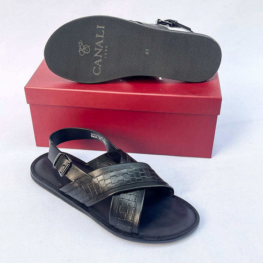 Riviera Woven-Print Cross Sandal – Black