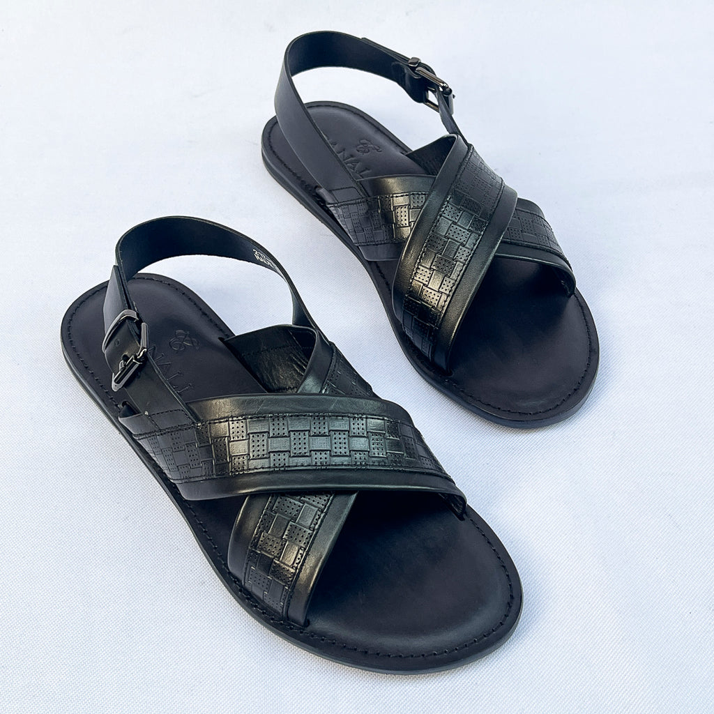 Riviera Woven-Print Cross Sandal – Black