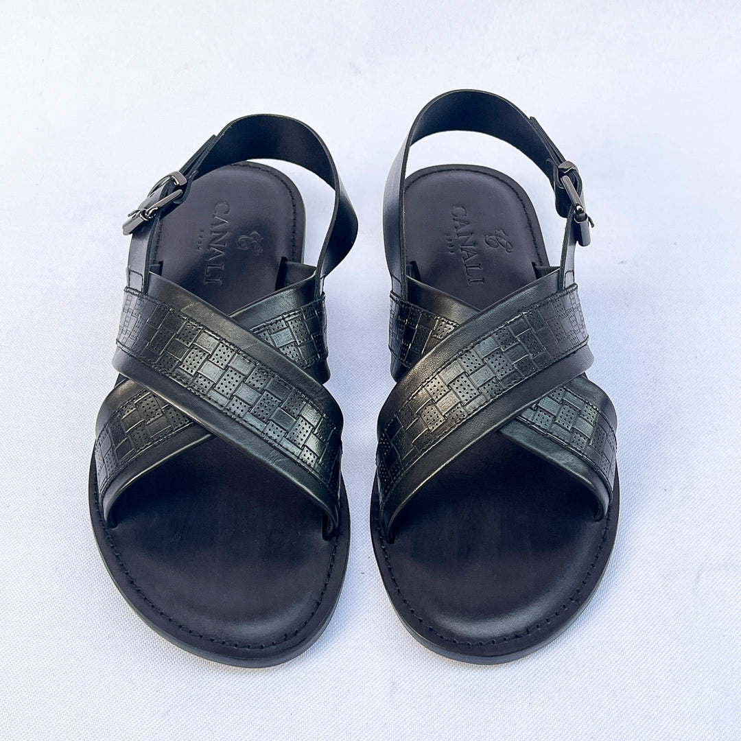 Riviera Woven-Print Cross Sandal – Black