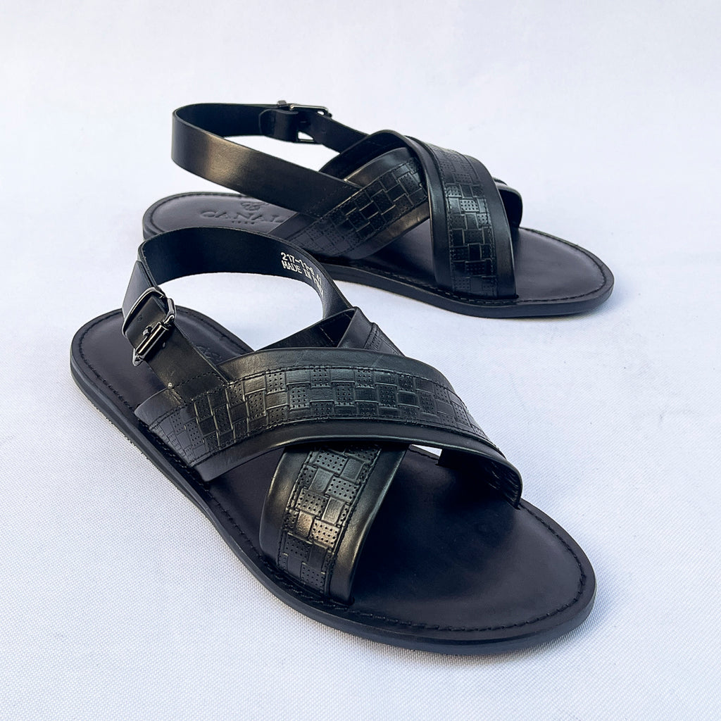 Riviera Woven-Print Cross Sandal – Black