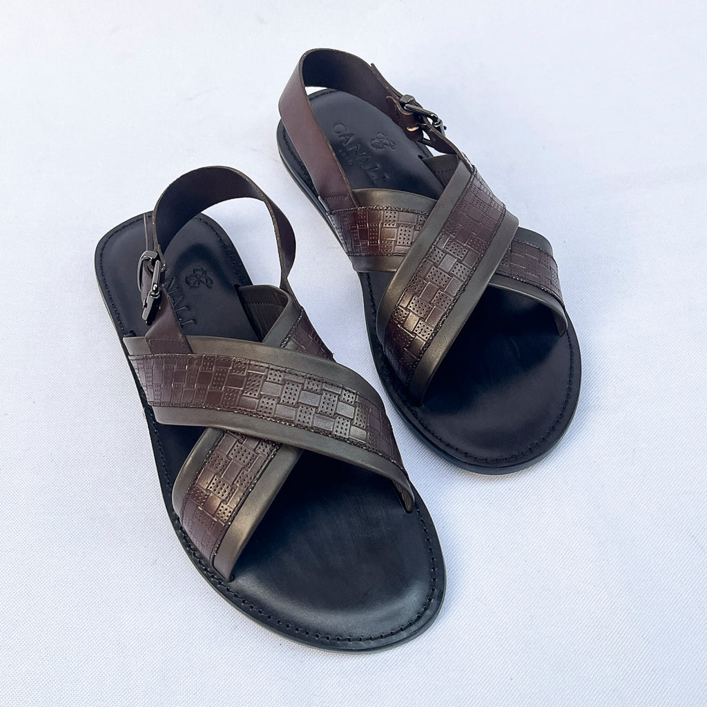 Riviera Woven-Print Cross Sandal – Dark Brown