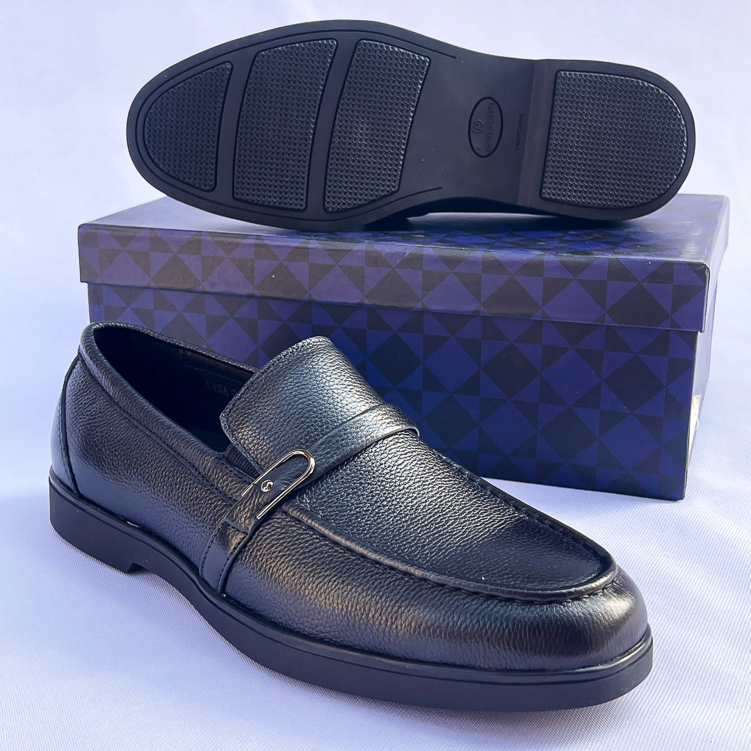 Duke Buckle-Strap Leather Loafer – Black
