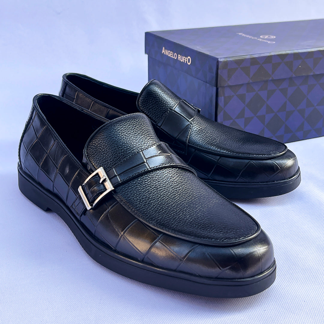 Emperor Croc-Texture Buckle Loafer – Black