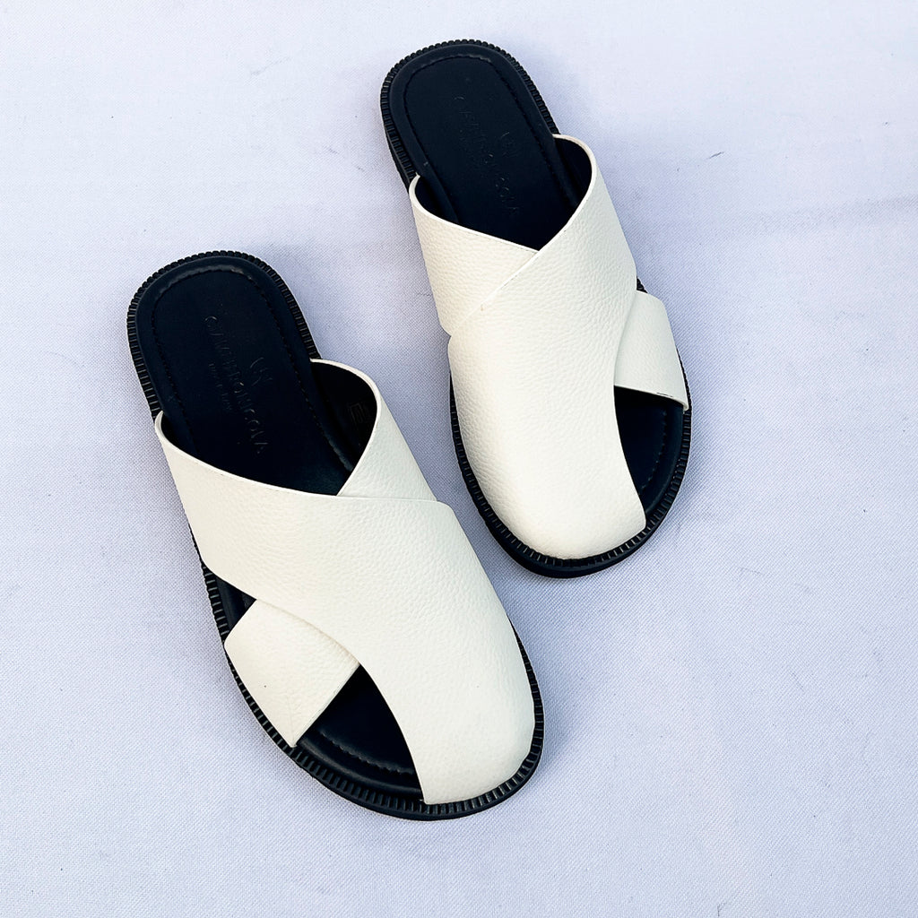 Santorini Cross-Strap Leather Slide – White