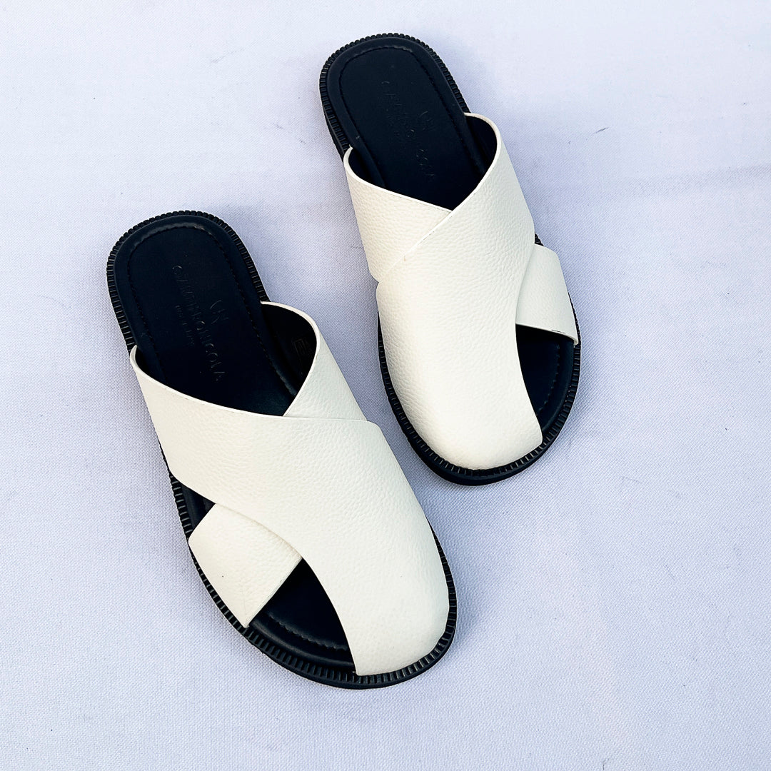 Santorini Cross-Strap Leather Slide – White