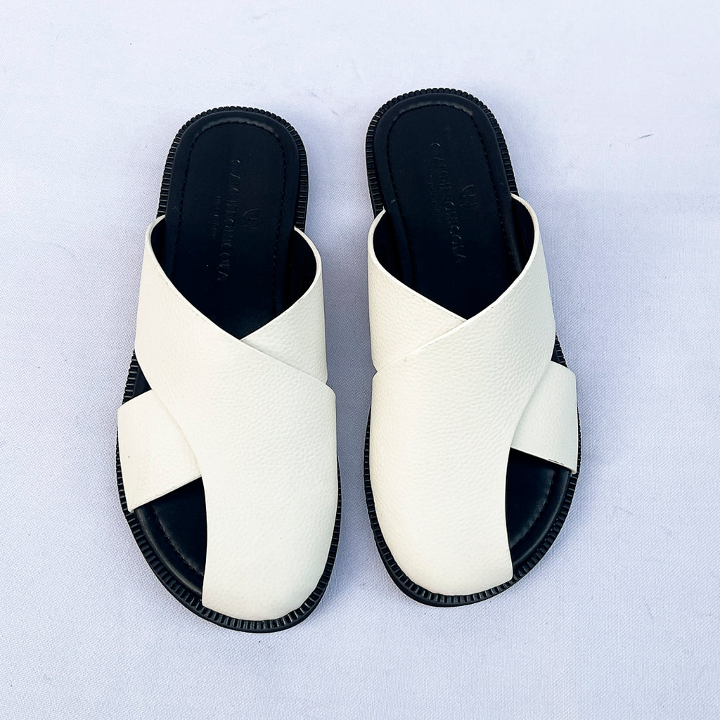 Santorini Cross-Strap Leather Slide – White