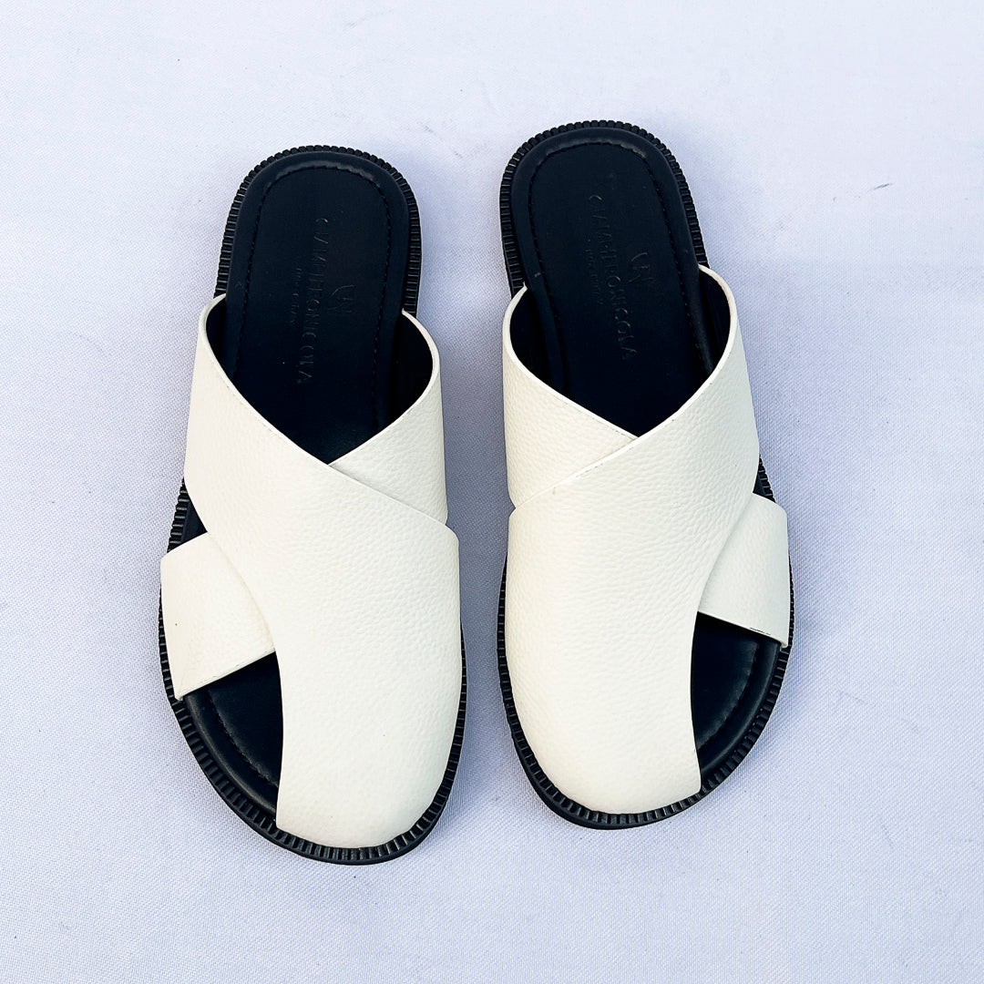 Santorini Cross-Strap Leather Slide – White