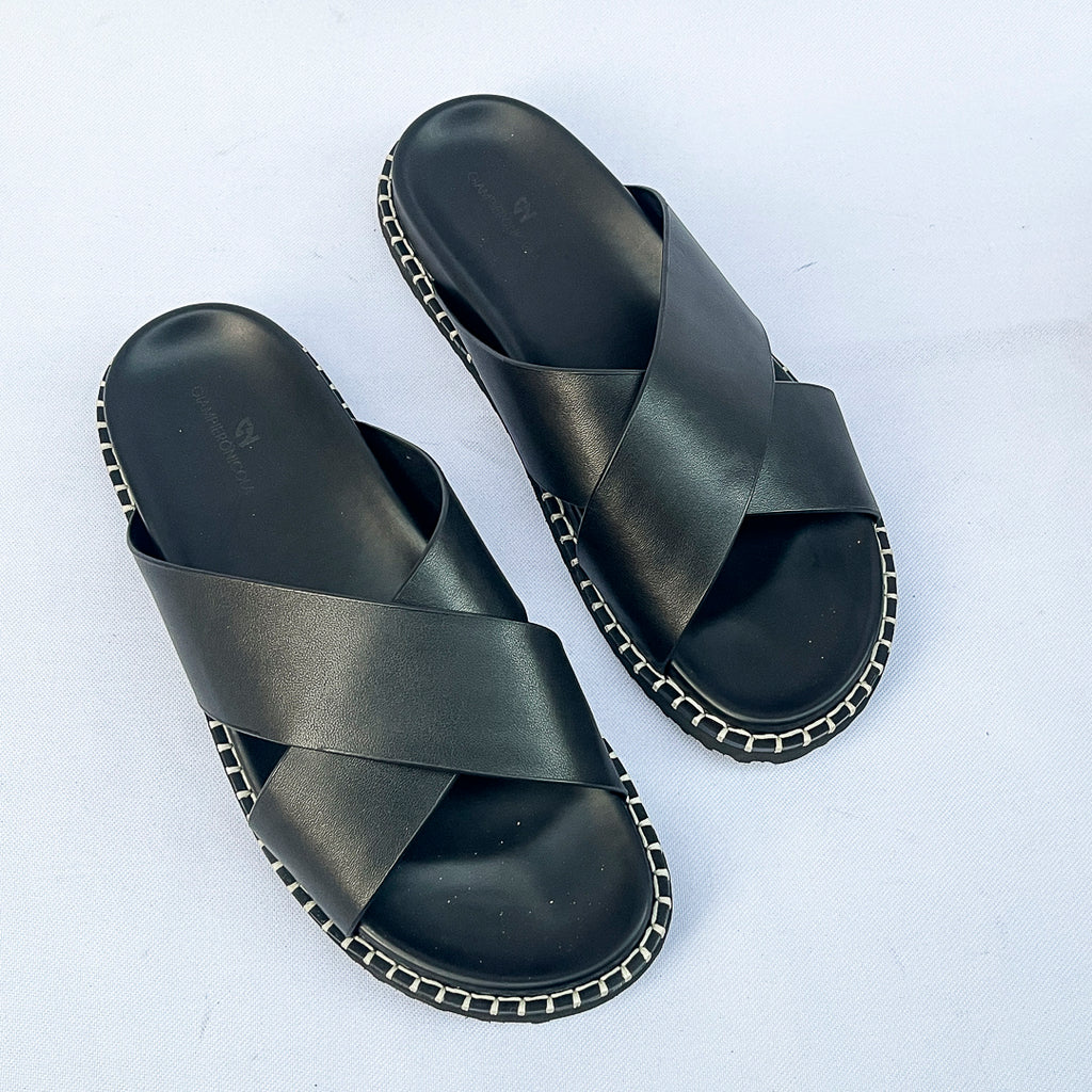 Havana Stitch-Trim Cross Leather Slide – Black