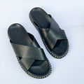 Havana Stitch-Trim Cross Leather Slide – Black