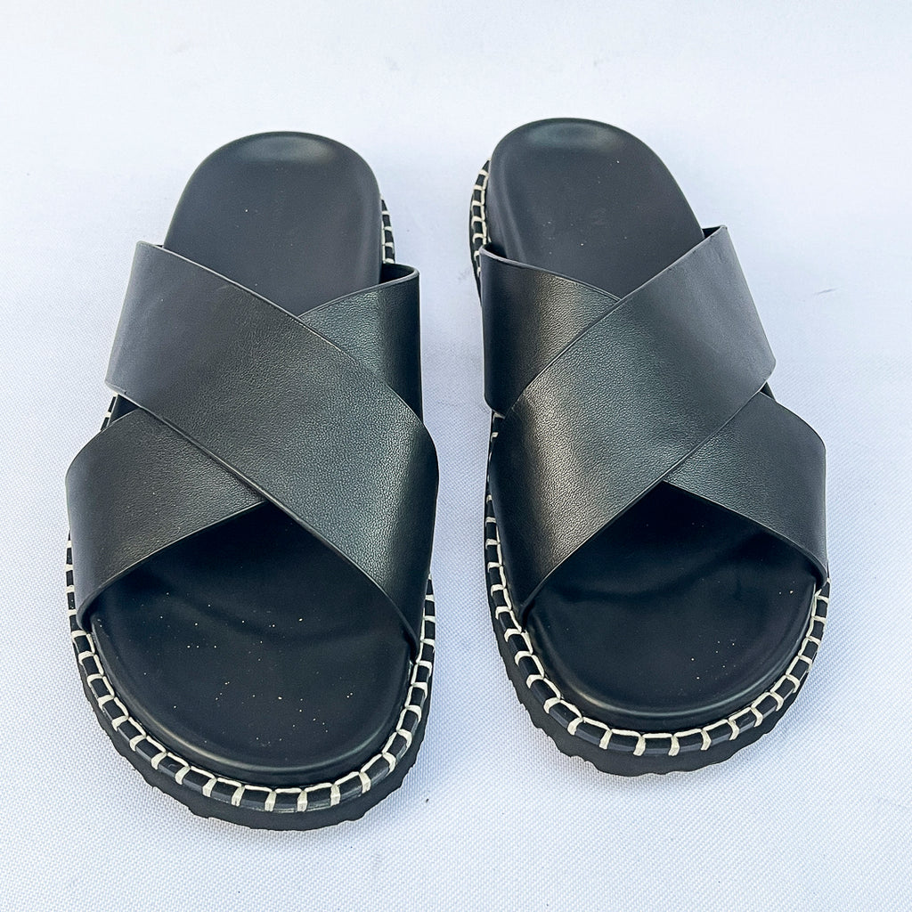Havana Stitch-Trim Cross Leather Slide – Black