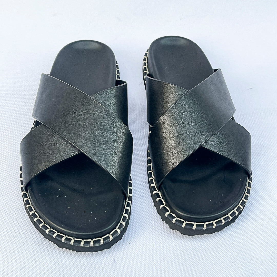 Havana Stitch-Trim Cross Leather Slide – Black