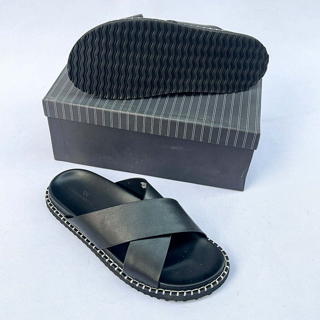 Havana Stitch-Trim Cross Leather Slide – Black