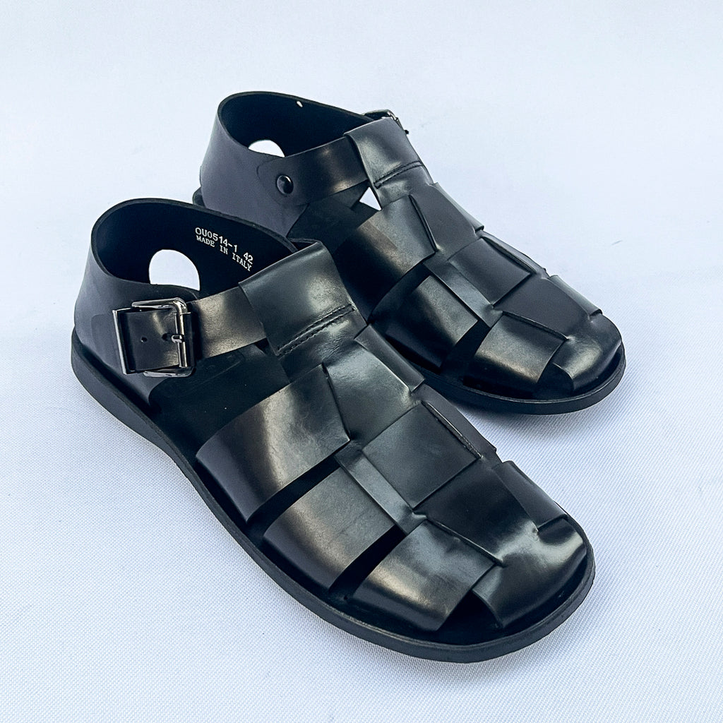 Centurion Wide-Strap Leather Fisherman Sandal – Black