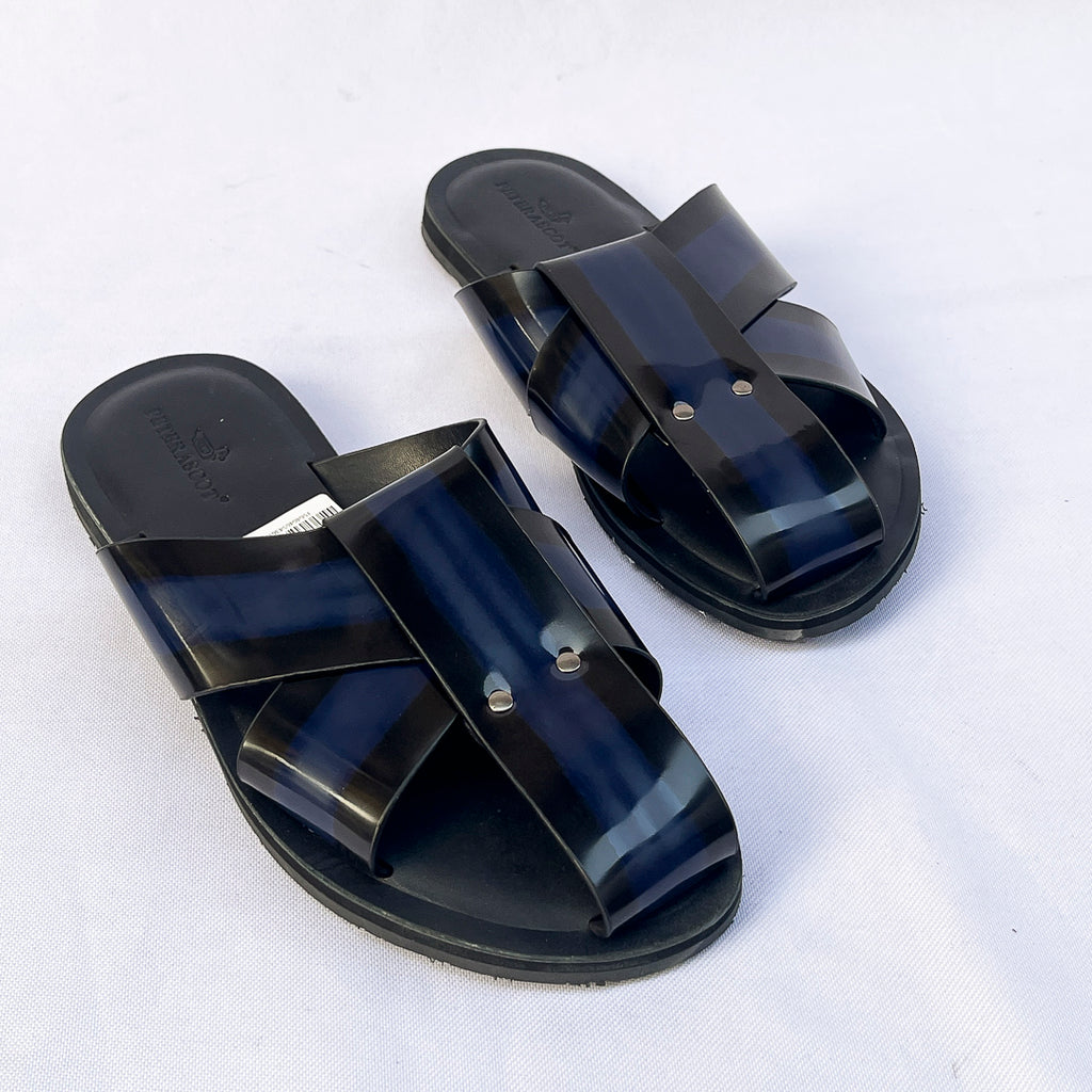 Sovereign Cross-Strap Leather Slide – Navy Blue