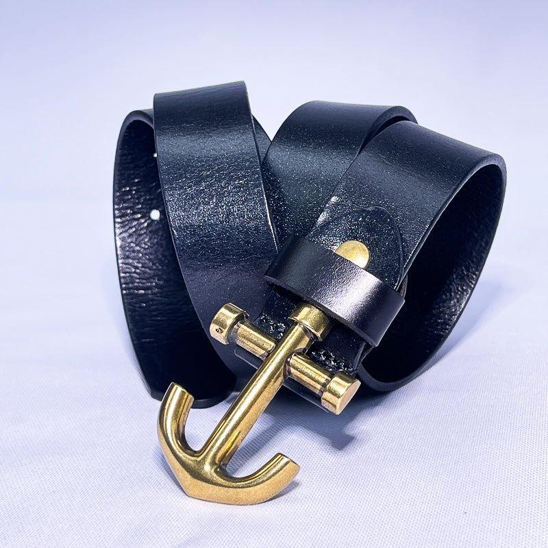 Men's Genuine Black Leather Belt – Gold Anchor Buckle