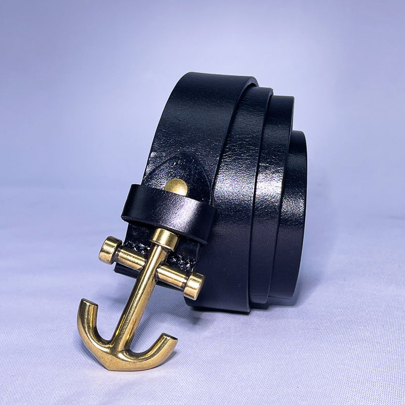 Men's Genuine Black Leather Belt – Gold Anchor Buckle