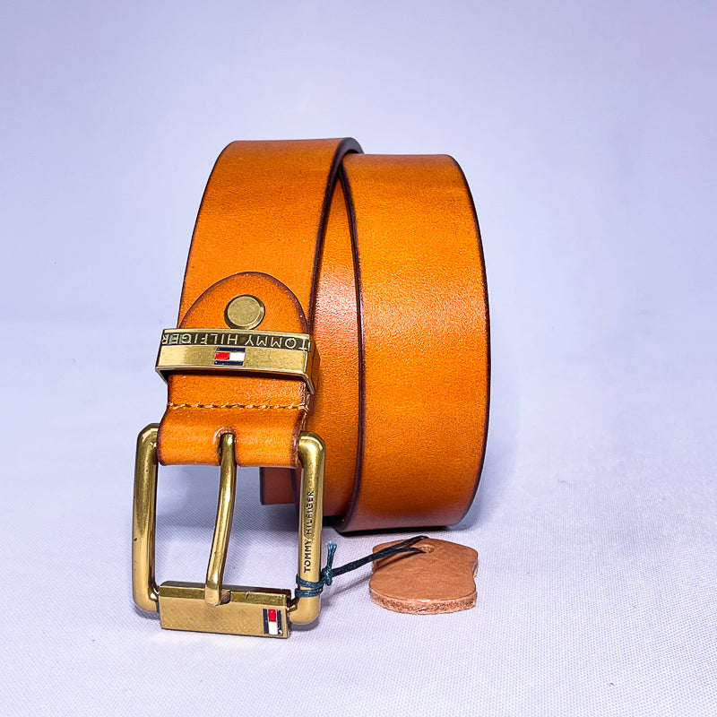 Men's TH Genuine Tan Leather Belt – Gold Buckle