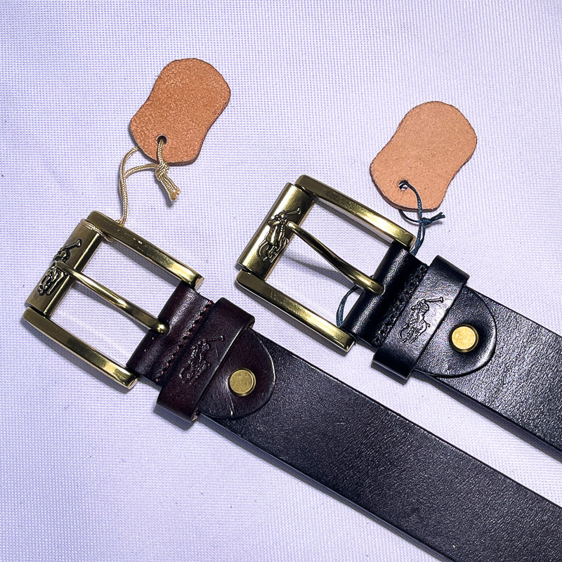 Men's PRL Genuine Black Leather Belt – Gold Classic Buckle
